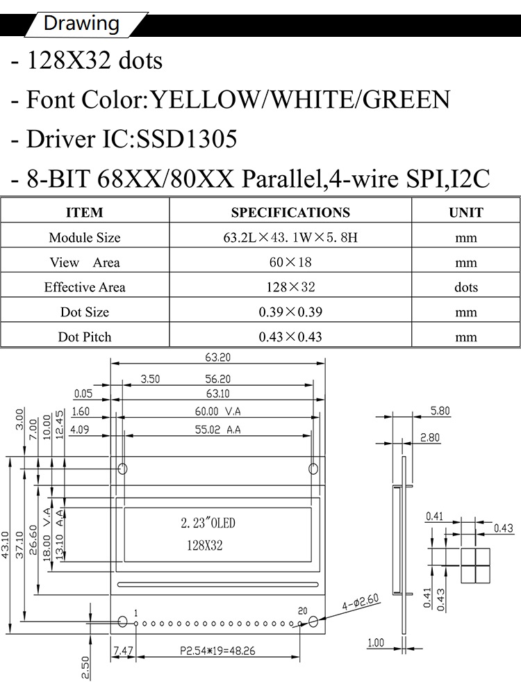 SPI/I2C Monochrome 60x32 0.5